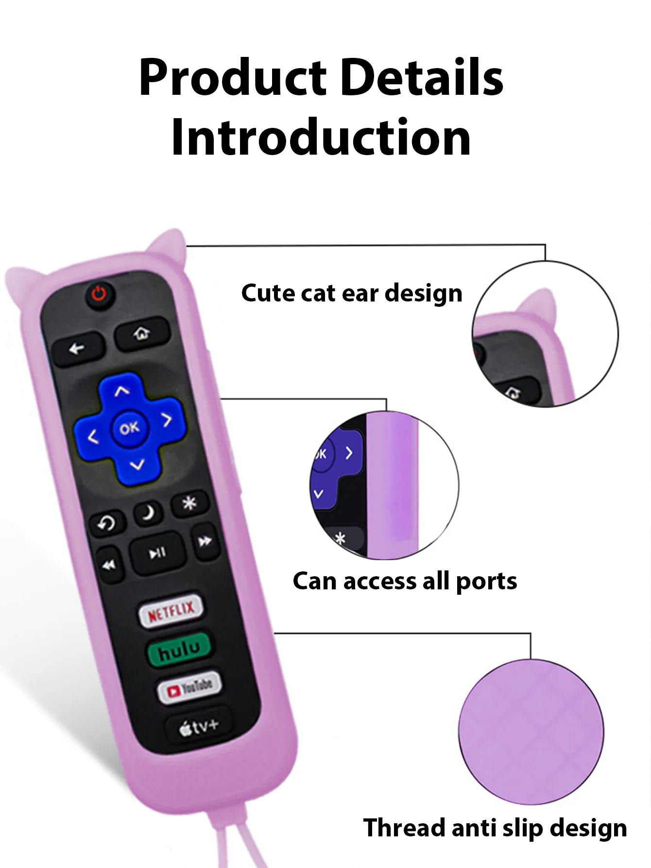 Universal Silicone Remote Control Protective Case with Glow-in-the-dark Cat Ears Remote Control Cover Shockproof for TCL Roku Se