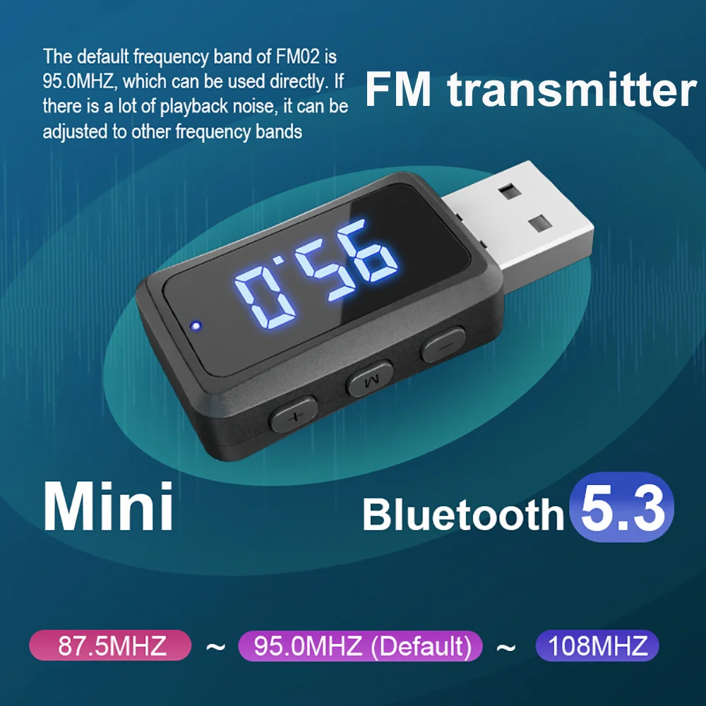 Car Bluetooth 5.3 FM02 Mini USB Transmitter Receiver LED Display Handsfree Call Car Kit Auto Wireless Audio For Fm Radio