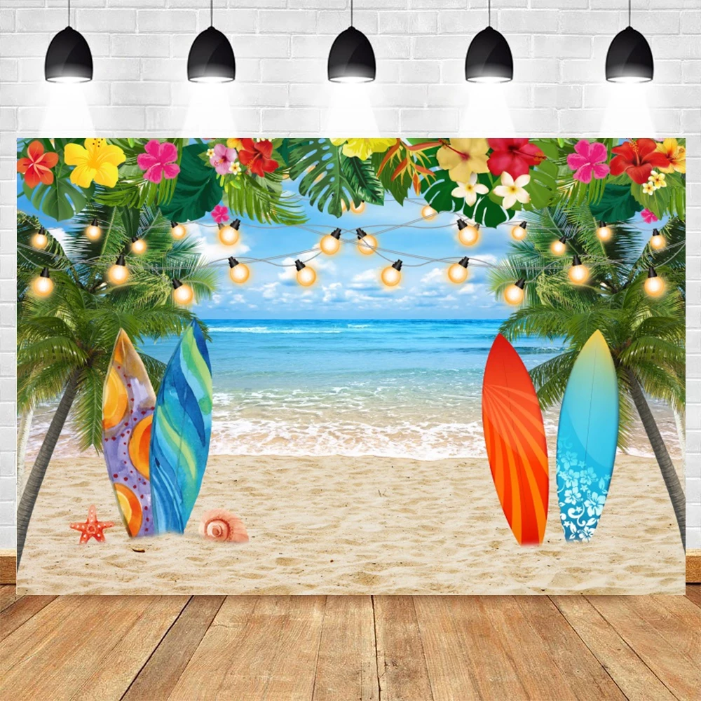 Photo Backdrop Summer Tropical Beach Backdrop Hawaiian Luau Aloha Party Seaside Camping Surfboard Ocean Palm Flamingo Photography Background