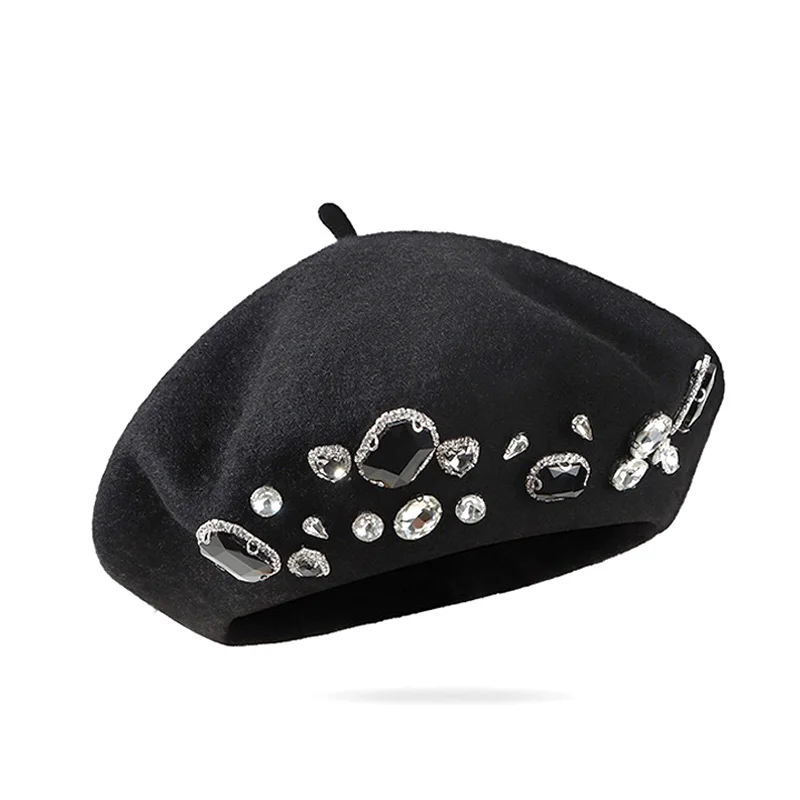 Hot Sale Beret Lady Thick Rhinestone Brimless Thermal Decor Wool Artist French Style Painter Hat Women Headwear_vogarts.com