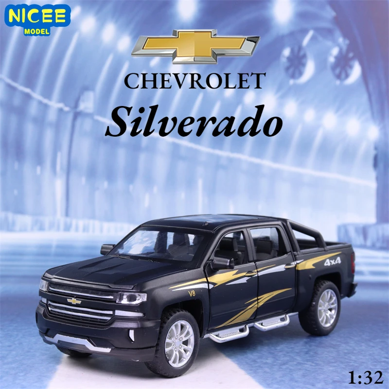 

1:32 Chevrolet Silverado Pickup car Simulation Diecast Metal Alloy Model car Sound Light Pull Back Collection Kids Toy Gift A325