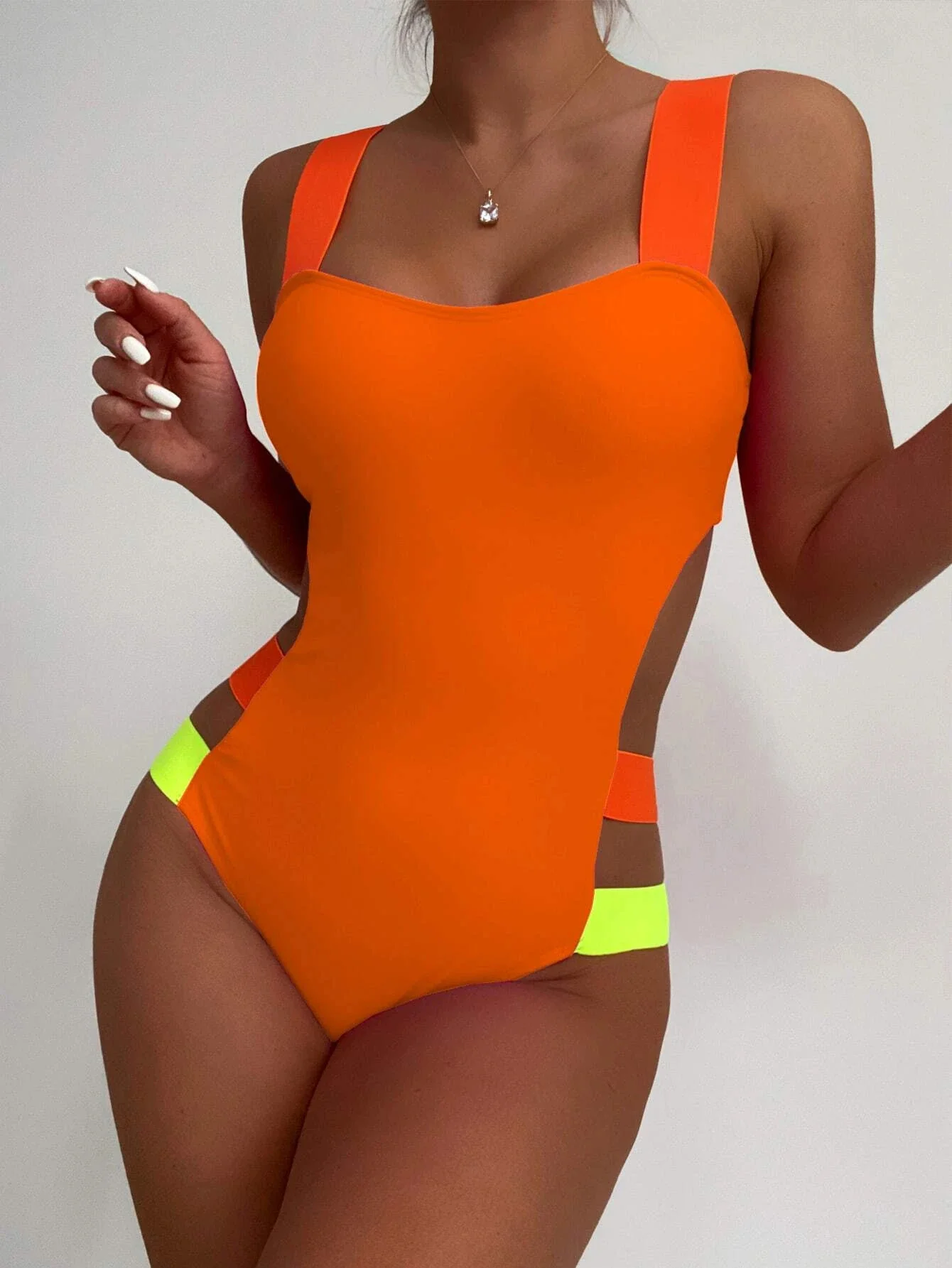 

Colorful Strap Cut-out One Piece Swimsuit Women Swimwear Slimming Bodysuit Summer Beach Bathing Suit