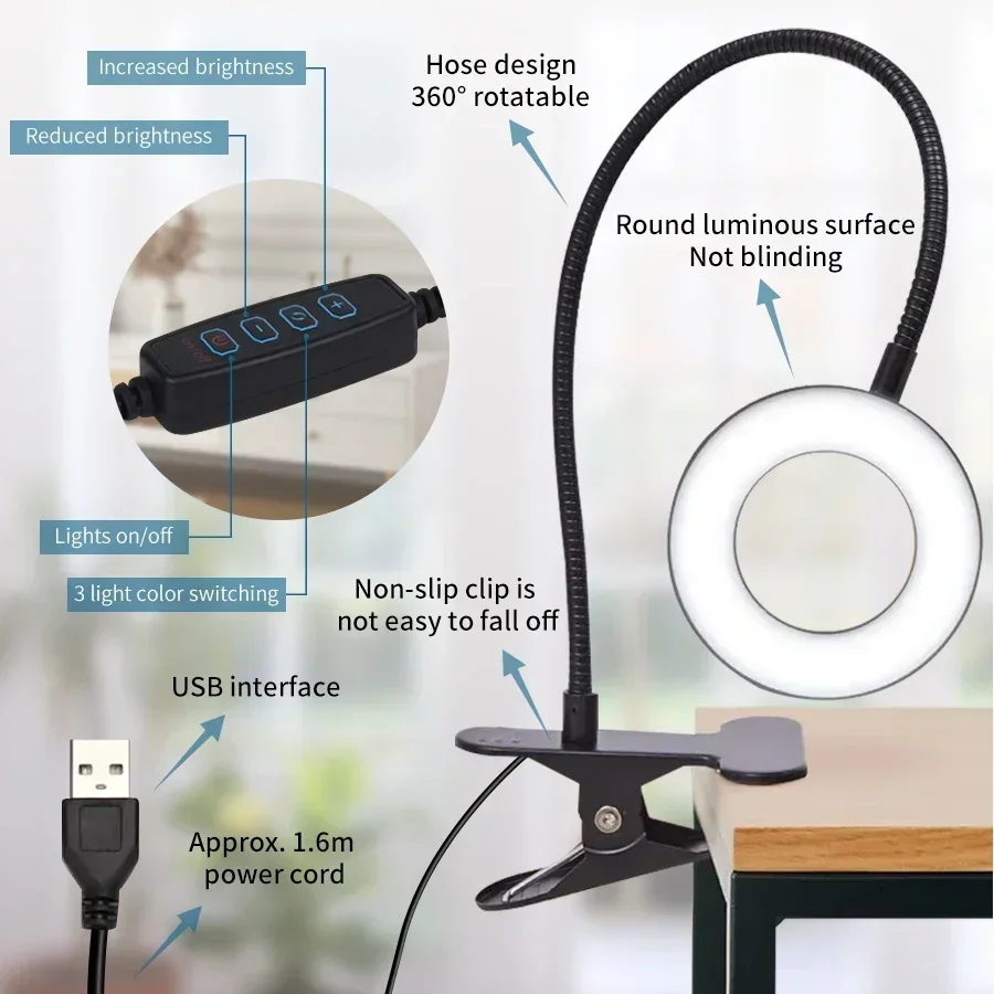LED Desk Clip Study Lamp USB 3 Colours Adjustable Bedside Desk Night Lamp Multi-purpose Flexible Black Reading Lights 3