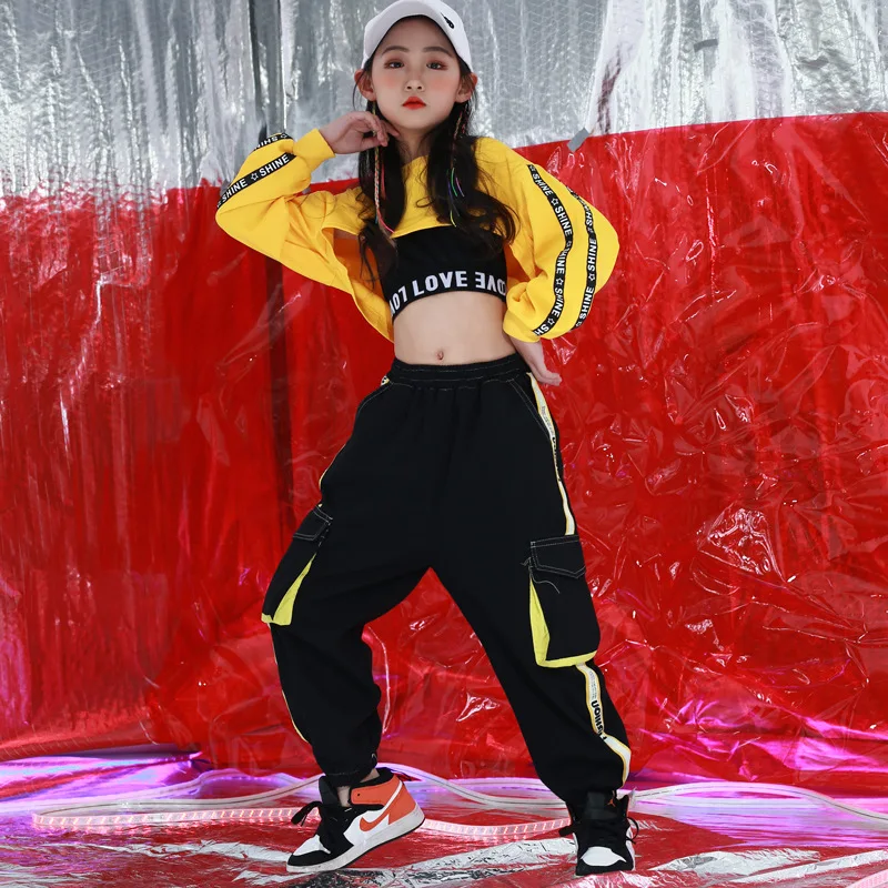 Hiphop Pants Suit Girls Jazz Street Dance Wear Children\'S Day New Summer Hip-Hop Dance Costumes For Kids Yellow Crop Top
