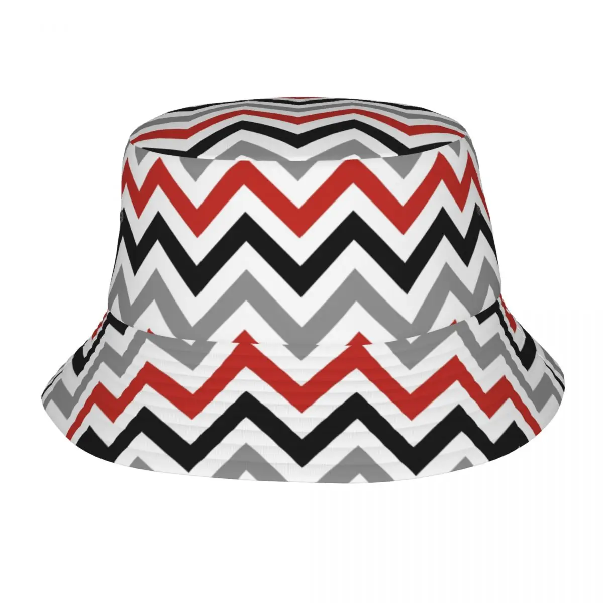 Vintage Zig Zag Stripes Modern Red Black White Grey Bucket Hats Uomo Donna Modern Zigzag Geometric Beach Sun Summer Fisherman Cap