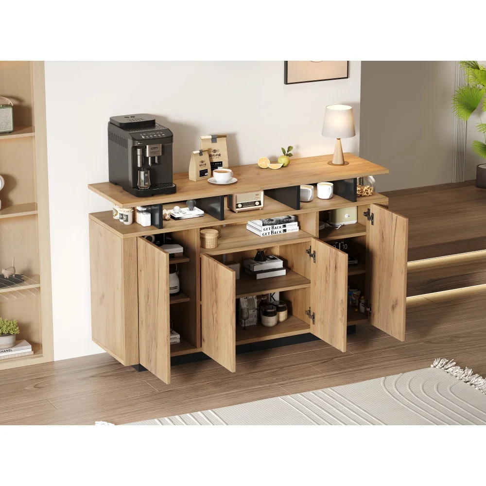 Natürliches Holz-Sideboard mit 4 Türen und 3 Offenen Regalen, Aufbewahrungsorganizer für Zuhause, Büro, Wohnzimmer und Flur – Detail 9