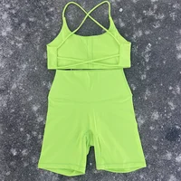 Solid Color Soft Gym Yoga Set Short Legging +Cross Back Sport Bra Tracksuit Women Gym Suit Comprehensive Training Jog Athletic 1
