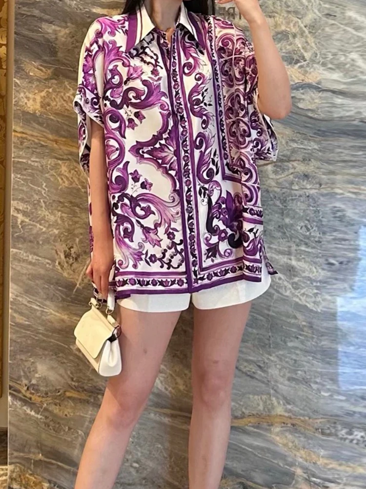 Spring and summer 2025 Lapel single-breasted Bat Sleeve Loose Printed Shirt Vacation Fashion Joker blouse