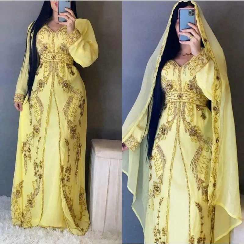 

Желтое Африканское платье, необычная абайя, Дубай, женская вышитая бисером, марокканская длинная рубашка, модный тренд