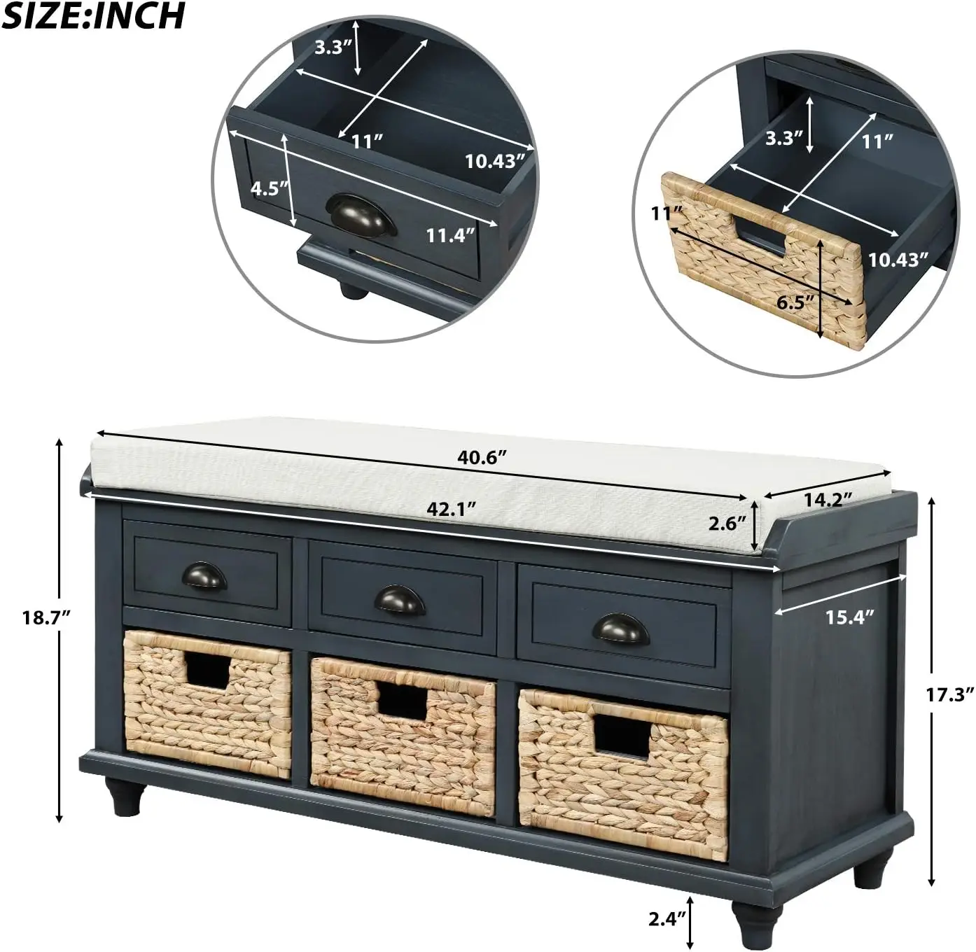 Entryway 6-Drawer Storage Bench with Removable Cushion, Entry Hallway Foyer Shoe Bench End of Bed Bench 2