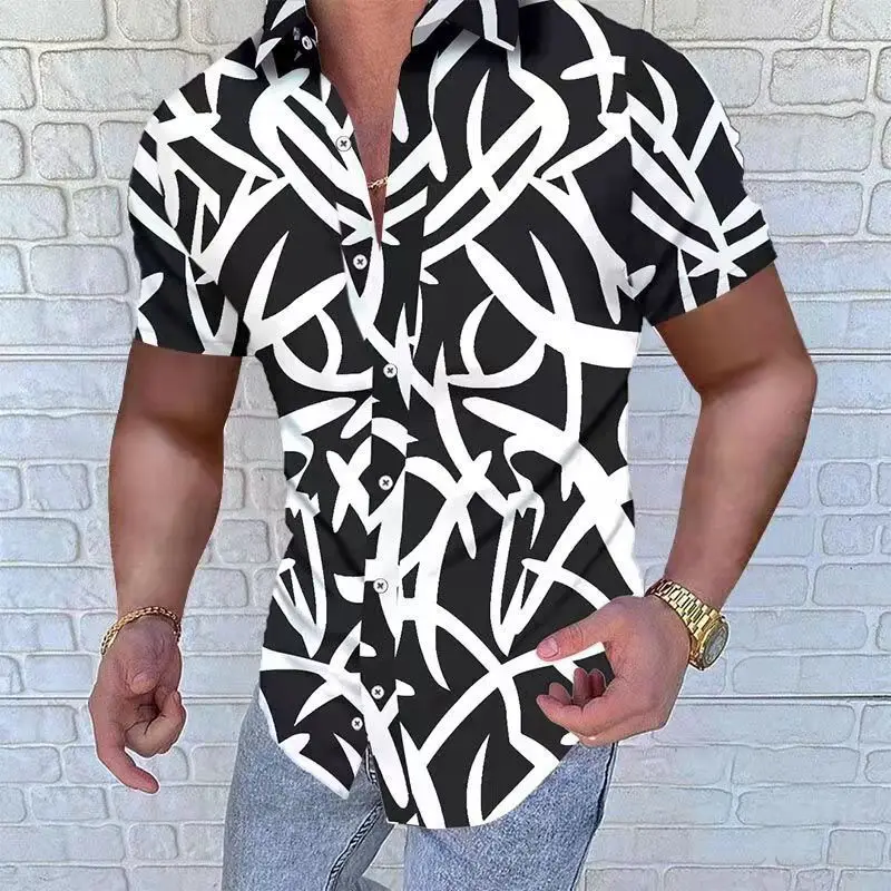 Summer New Fashion Street Style Fashion Printing Casual Shirt Men Short Sleeve Polo-neck Cardigan Tops Homme Loose Casual Blouse