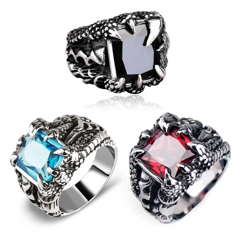 Nuovo Anello Gotico Blu Rosso Cristallo Demone Drago Artiglio Per Uomo Street Cool Biker Finger Fashion Jewelry