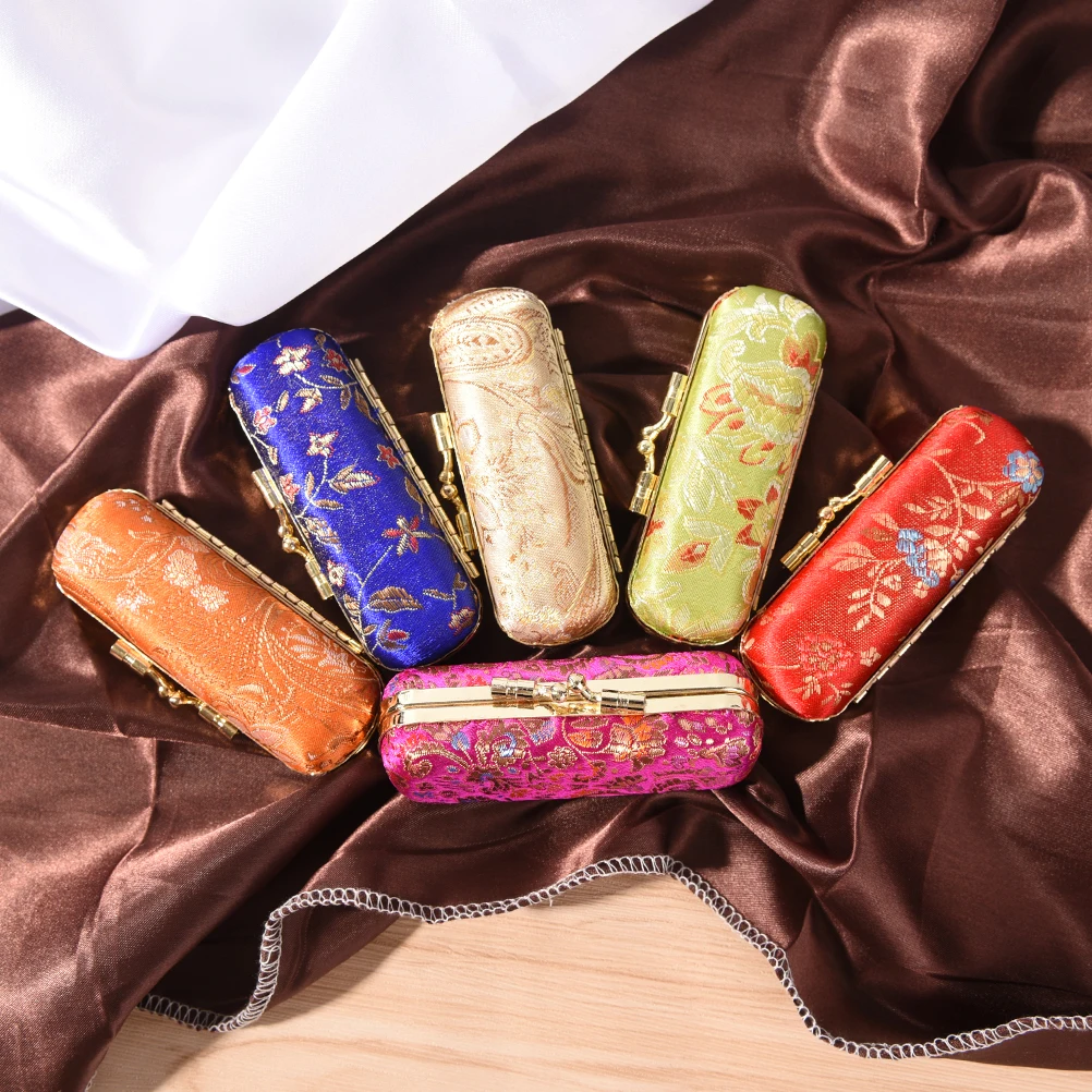 Portable Mini Makeup Silk Box Retro Flower Design Iron Clip Lipstick Case Holder With Mirror Ring Necklace Earring Storage