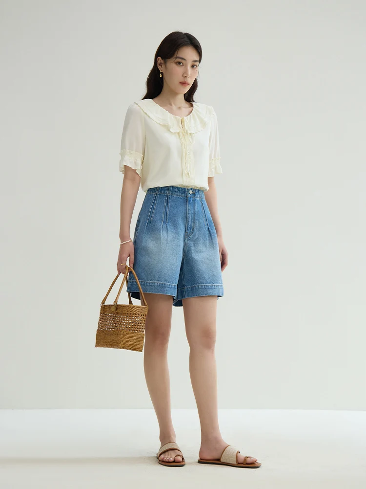 DUSHU Women's Casual High Waisted Denim Shorts Summer New Simple Atmospheric Slimming Blue Brown Women Shorts 24DS82251