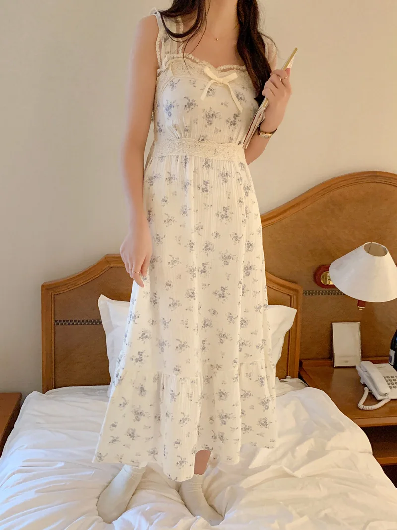 Strapless Sling Summer Night Dress Women Sexy Lace Crochet Long Nightgown Soft Cotton Sleepwear Elegant Kawaii Flowers Print