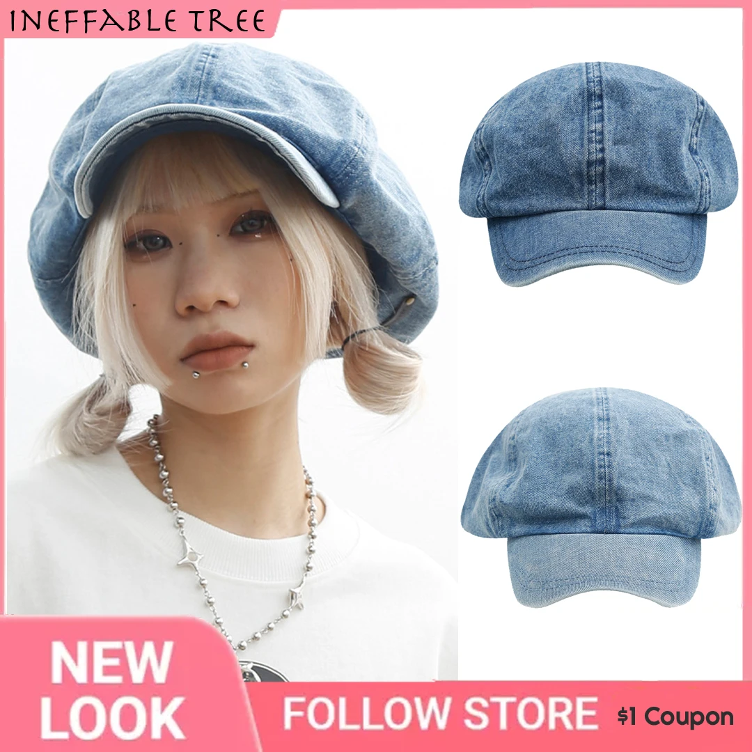 Y2k Big Size Women Girl Berets Hat Gothic Punk Denim Beret Hats Ladies