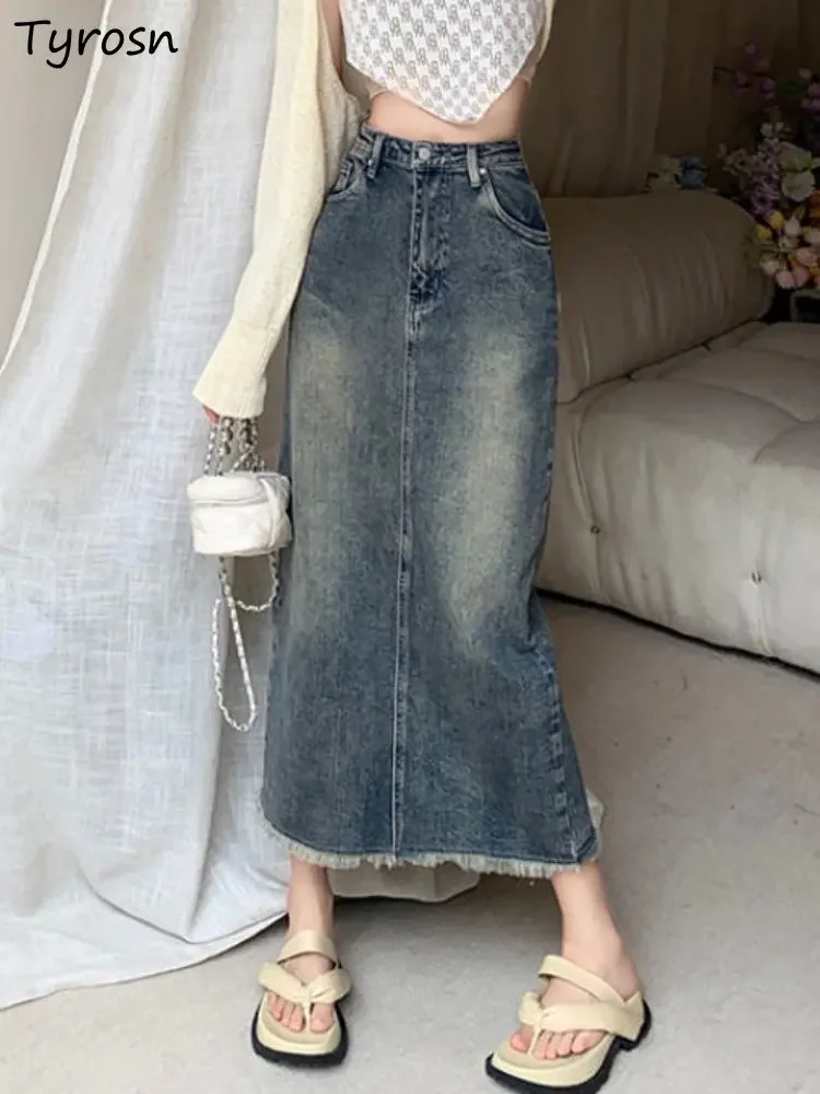 

S-5XL Skirts Women Retro Denim Faldas Summer All-match Midi Trendy Empire Leisure Korean Style Slit Ladies Elegant Daily Classic