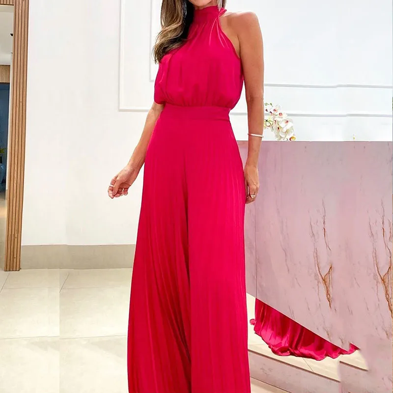 

Sexy Tie-up Bow Chiffon Women Jumpsuit Spring Off Shoulder Solid Straight Romper Summer Wide Leg Pleated Pants Playsuit Overalls
