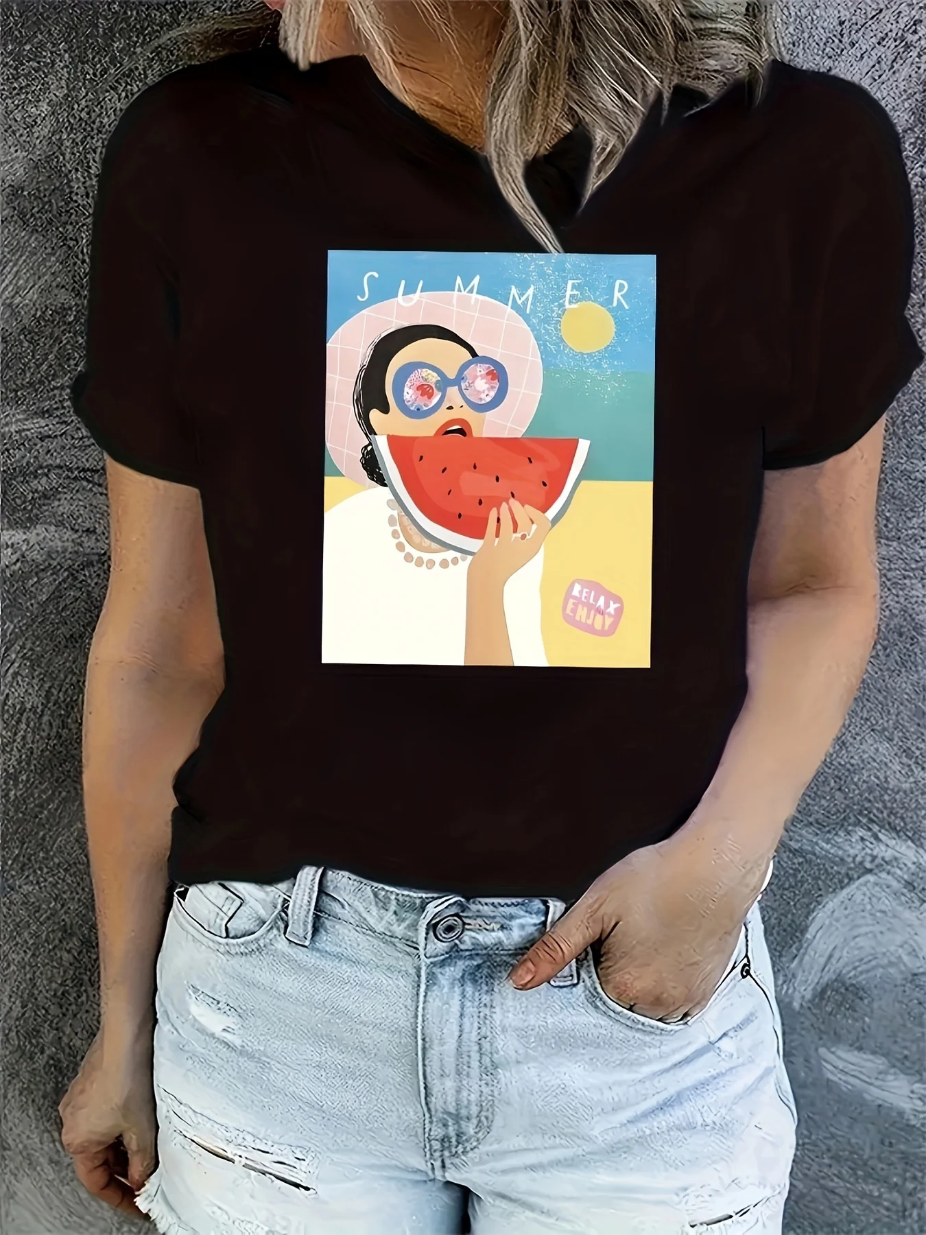 

Portrait Print T-shirt, Short Sleeve Crew Neck Casual Top For Summer & Spring, Women's Clothing