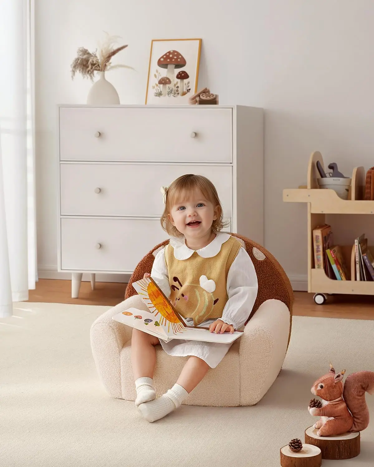 Toddler Chair Comfy, Foam Kids Chair with Soft Teddy Plush, Toddler Reading Armchair with Cute Mushroom Designs- Brown 2