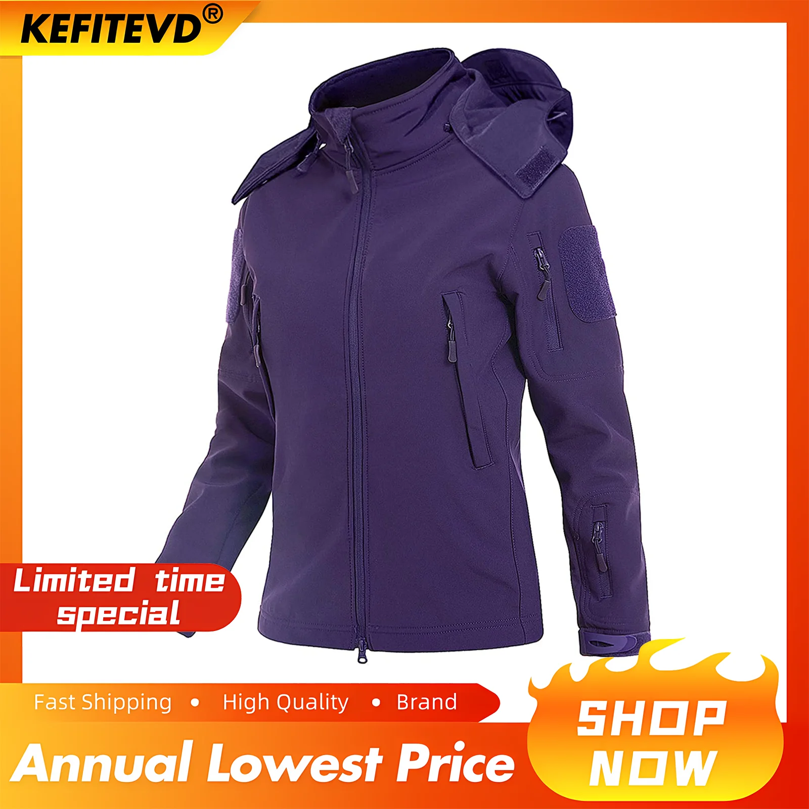 KEFITEVD Women Fleece Softshell Jacket Detachable Hood Spring Snow Ski Hiking Jogging Waterproof Outdoor Hoodie Windbreaker