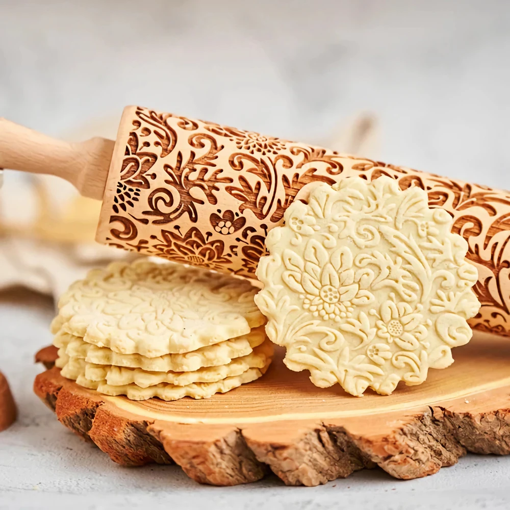 1pc 13.7in Wooden Sunflower Embossed Rolling Pin With Pattern For Kitchen Pastry Baking Tools Deep Engraving Cookies Stamp Tool