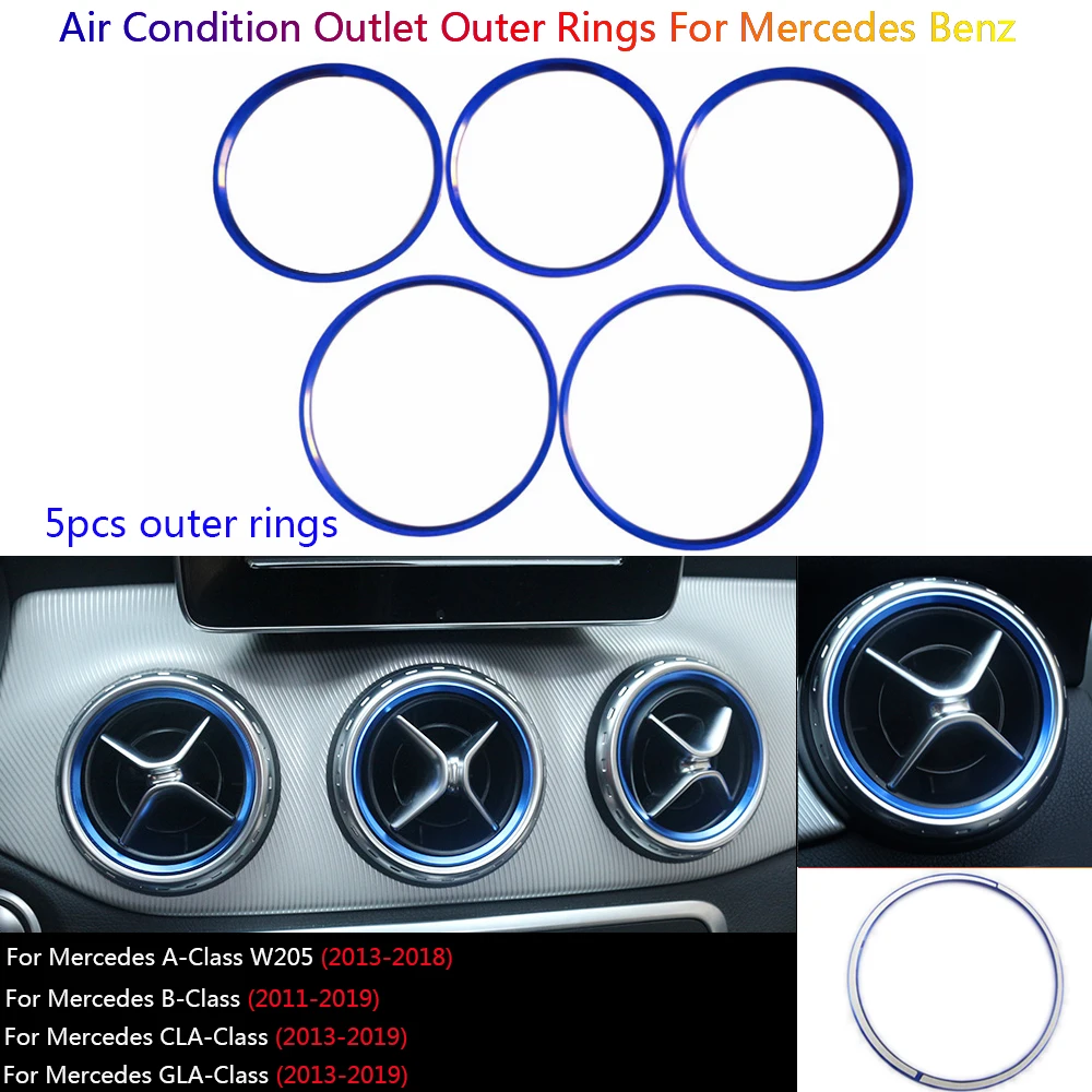 

5 x Car Blue Air AC Vent Outlet Outer Circles Rings Frame Cover Trim For Mercedes Benz A B CLA GLA W176 W177 W246 W242 C117 X156