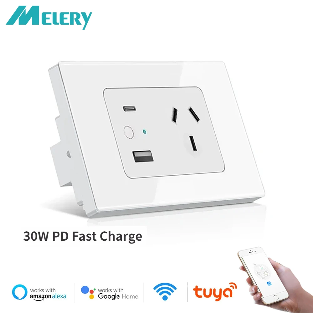 Melery Tuya WiFi Smart AU Plug Outlet Wall Socket Glass Panel USB Type-C PD 30W Fast Charge for Iphone Remote Alexa Google Home
