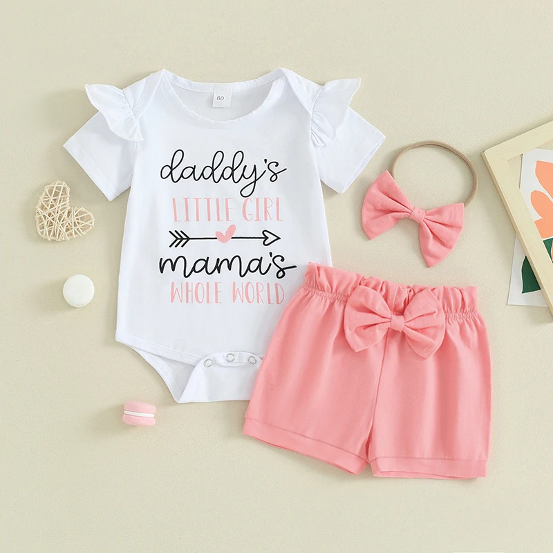 

2024-01-20 Lioraitiin 0-18M Baby Girl Summer Outfits Letter Print Short Sleeve Rompers Bowknot Shorts Headband 3Pcs Clothes Set