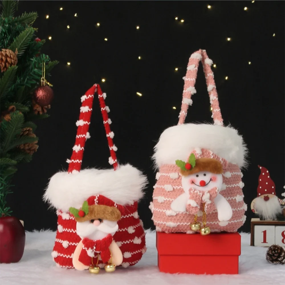 Christmas Gift Bags Knitted Snowflake Velvet Handbag Candy Tote Bag Snowman Santa Claus Children Apple Gift Storage Bags