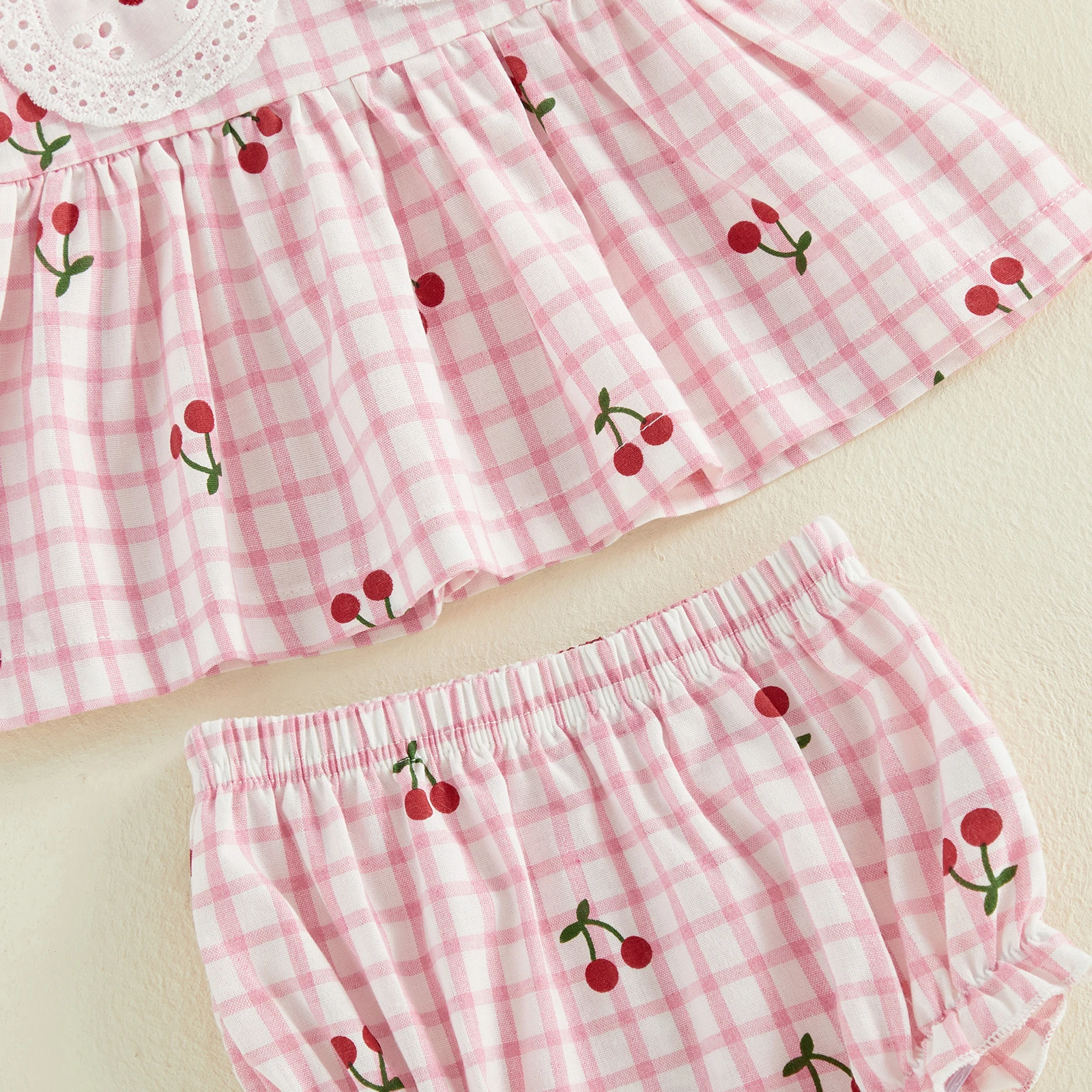 3-24M  여아 반바지 세트, 귀여운 격자 무늬 체리 프린트 반팔 인형 칼라 티셔츠와 반바지 여름 2피스 의상