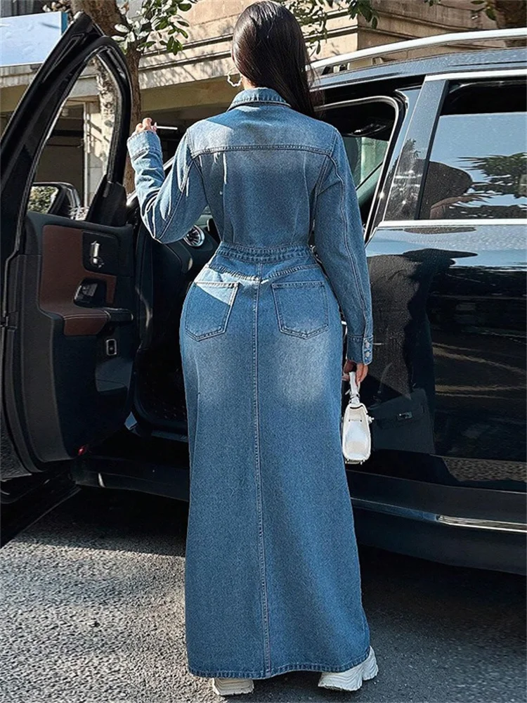 Wmstar Denim Dress Women Casual Button Bodycon Slip Hem Pockets Long Dresses Fashion Streetwear Wholesale Dropshipping New Style