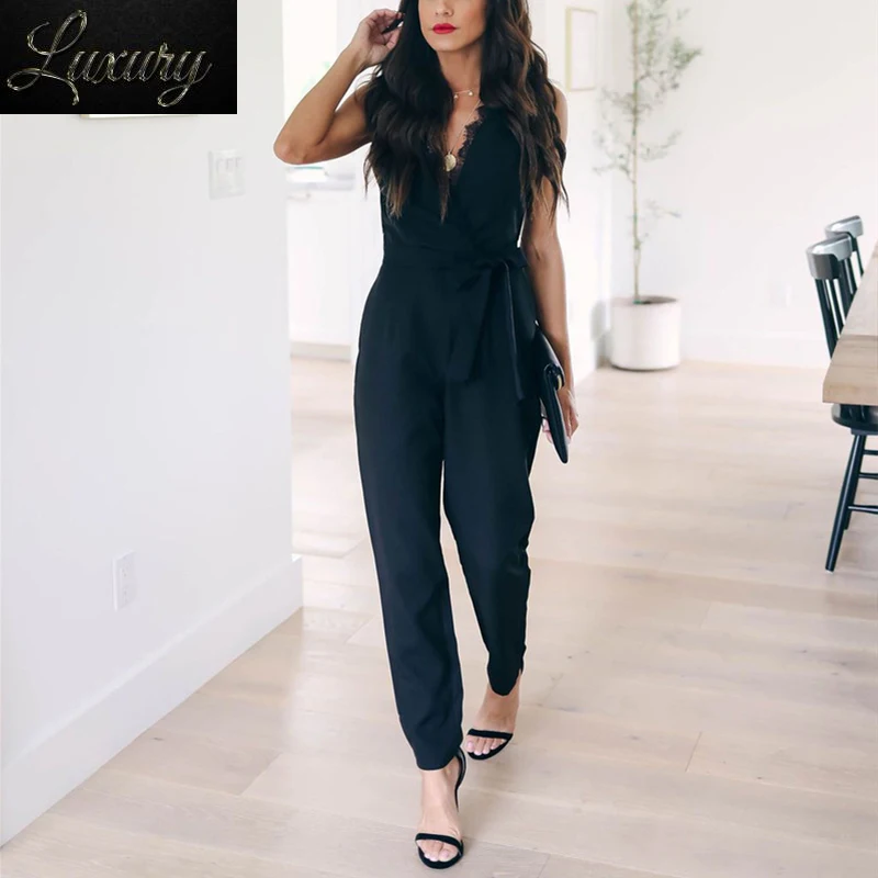 

Fashion Lace Women Jumpsuit With Belt Sleeveless 2024 Summer New Casual V-neck Solid Black Jumpsuits Female Pants