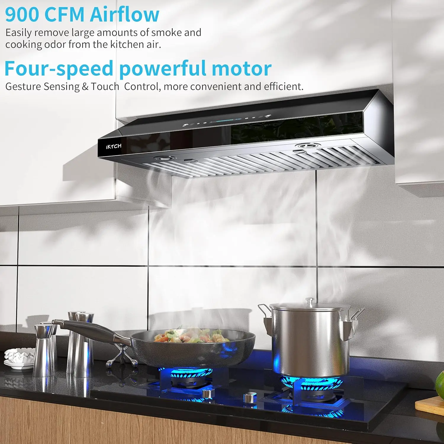 30"Under Cabinet Range Hood,  Range Hood with 4 Speed Fan, Black Stainless Steel & Tempered Glass R 3