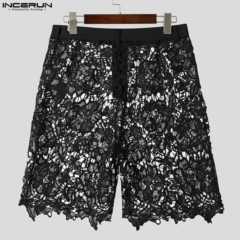 Stylish Well Fitting Men's Shorts INCERUN Lace Printed Hollow Design Shorts Casual Party Show Sexy See-through Mesh Shorts S-5XL