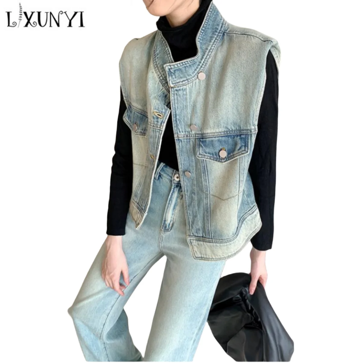 

LXUNYI Denim Vests for Woman Summer High-end Fashion Shoulder Pad Ladies Sleeveless Denim Coats Casual Vest Jeans jacket Female