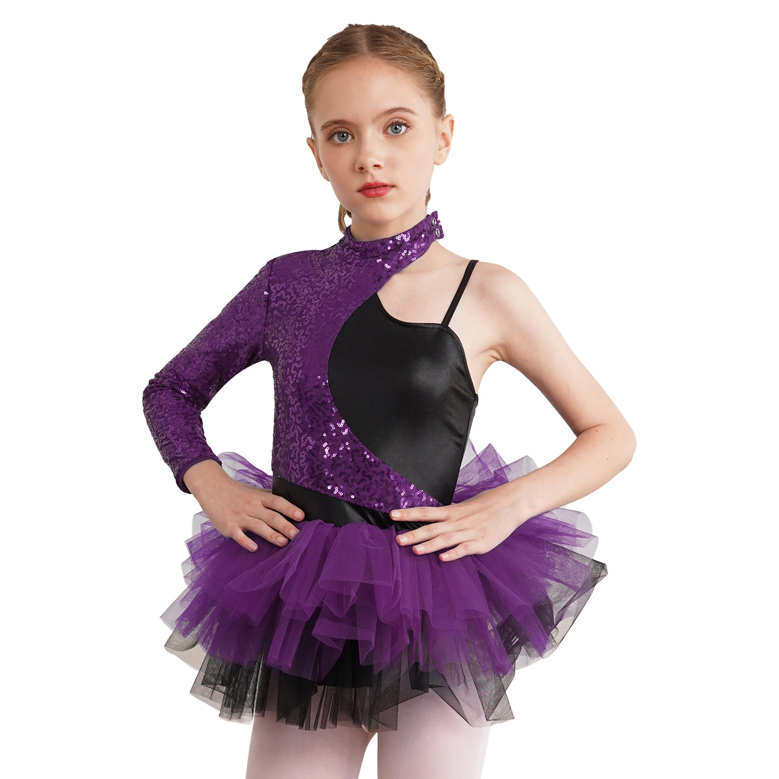 Girls Ballet Dress Kids Gymnastics Workout Dancewear Shiny Sequin Contrast Tulle Skirt Leotard Dress Dance Costume for Ballerina