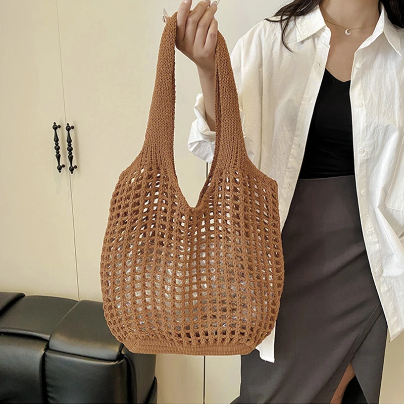 Large Capacity Knitted Hollow Shoulder Bag Crochet Underarm Tote Casual Beach Commuting Bag for Women