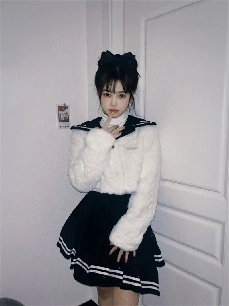 

Sailor Collar College Style Women Dress Plush Patchwork Coat A-Line Pleat Skirt Gold Foreign Style Two-piece Suit Y2k Skirt Sets