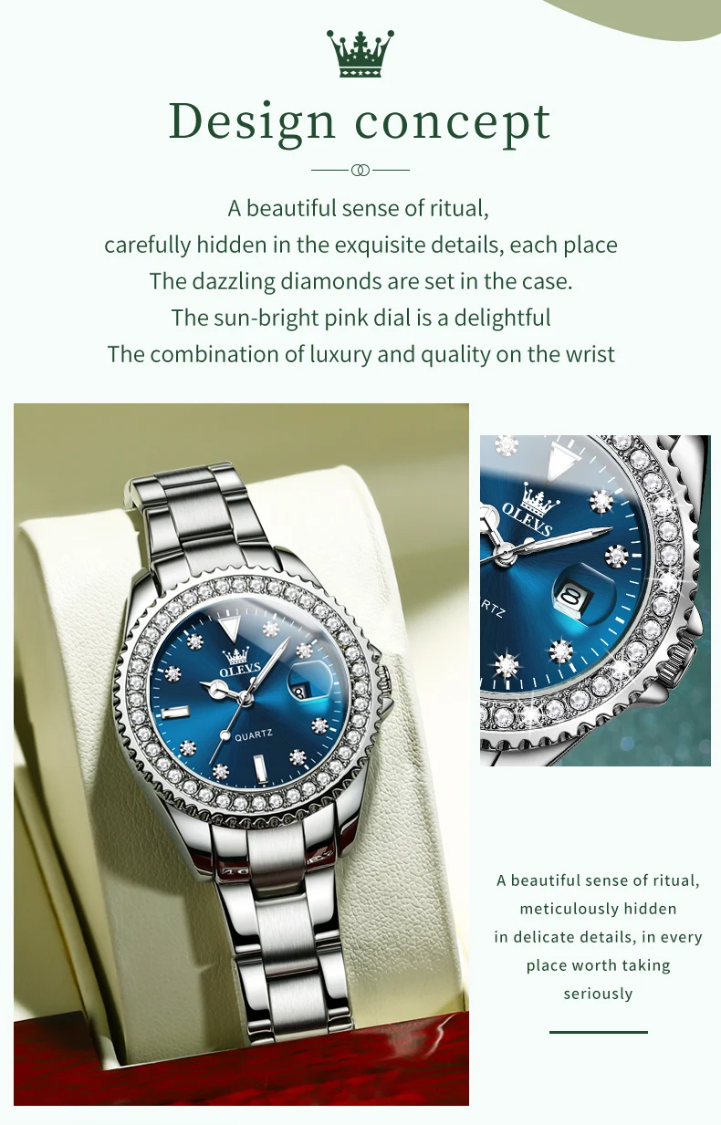 OLEVS קוורץ שעון לנשים יהלומי חיוג יוקרה נירוסטה עמיד למים אלגנטי גבירותיי אופנה למעלה מותג נשים של שעון 9945
