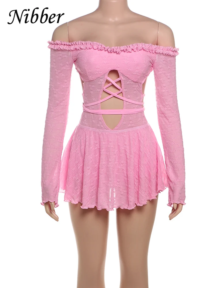 Nibber Hollow Slash Neck Backless Dress Sexy Fall Trend Women Thin Bandage Lace Birthday Party Stretch Jacquard Mini Bodycon