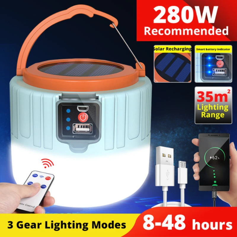 Solar Led Light Emergency Lighting Super Bright 280W 3 Modes Light Bulb with Remote Control Outdoor Waterproof 7200mA 300w camping light led solar lamp usb outdoor remote emergency lights control super bright night market bulb accessories tools