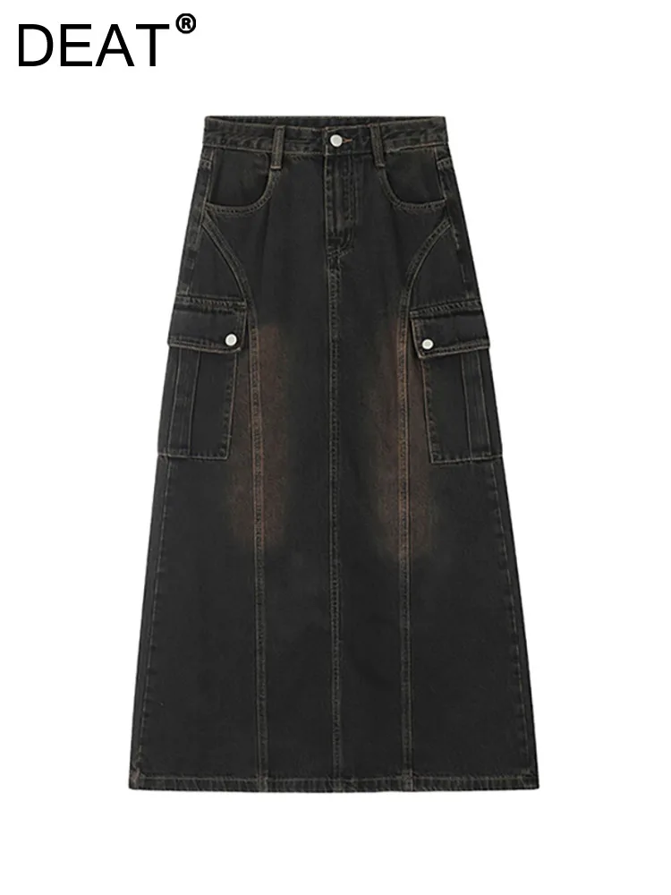 

DEAT Women Denim Skirt High Waist Black Multiple Pockets Retro Split Patchwork Cargo Long Skirts 2024 Spring New Fashion 29L6899