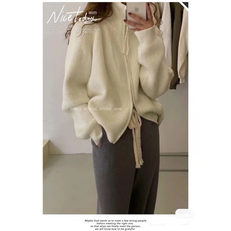 

Casual Zipper Women Sweater Korean Knit Cardigan Coat Solid Top Stand Collar Trend Streetwear Outerwear New Chic