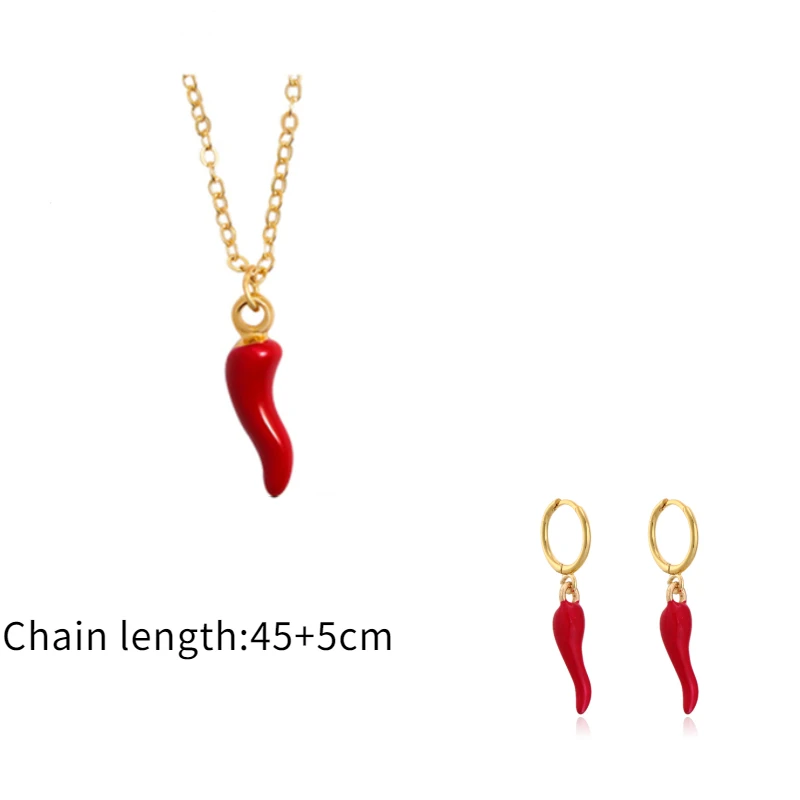 

Filled Red Enamel Cute Chili Pendant Drop Earrings for Women Fashion Gold Color Chains Necklaces Jewelry Set