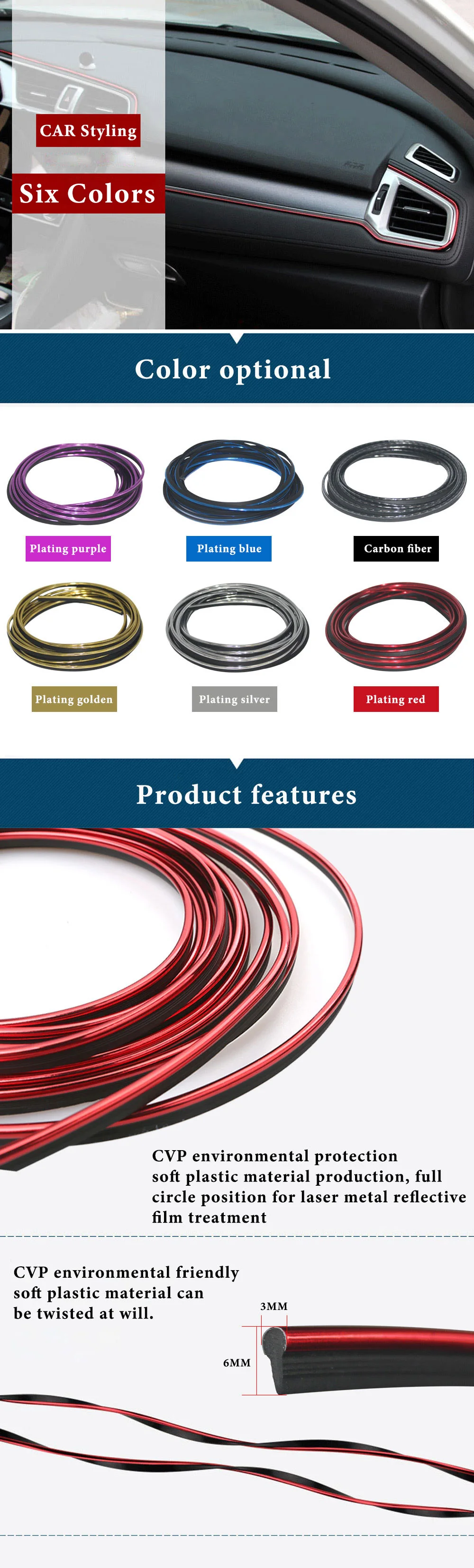 1 stücke Auto Moulding Dekoration Flexible Streifen Universal 5M Innen Auto Leisten Auto Abdeckung Trim Dashboard Tür auto-styling Rot – Detail 1