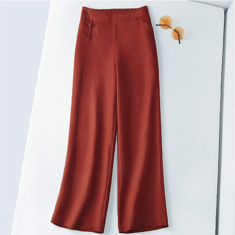 Linen  Straight  Elastic Waist  Solid  Button Decoration  Show Thin  Wide-legged Pants slacks Pants & Capris