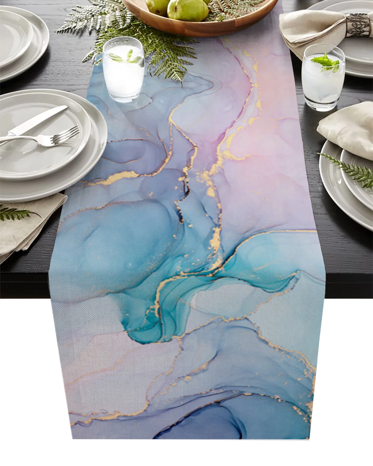 

Marble Turquoise Pink Linen Table Runner Kitchen Table Decoration Farmhouse Reusable Dining Table Cloth Wedding Party Decor