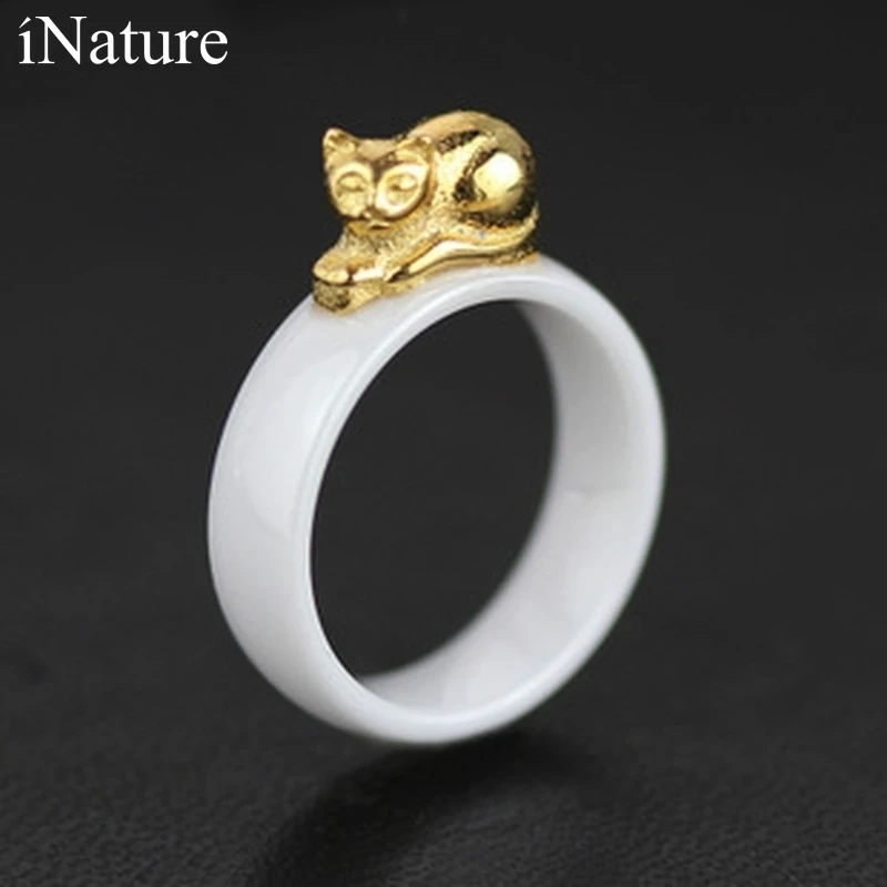 INATURE 925 Sterling Silver Cat Rings for Women Ceramic Ring Wedding Engagement Jewelry | Украшения и аксессуары