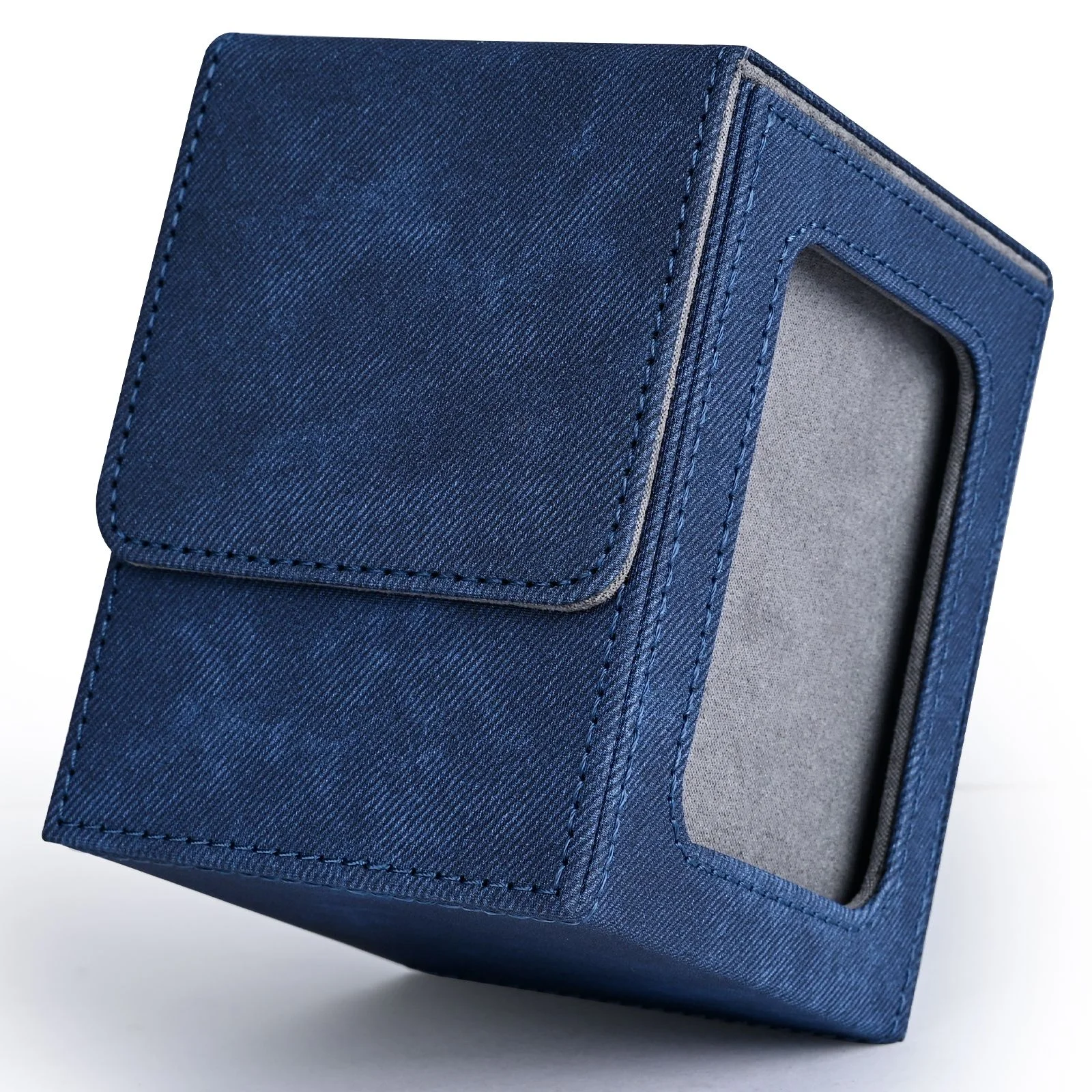Deluxe Card Deck Box with Display Window - Stylish PU Leather Denim Finish, Holds Over 120 Sleeved Cards